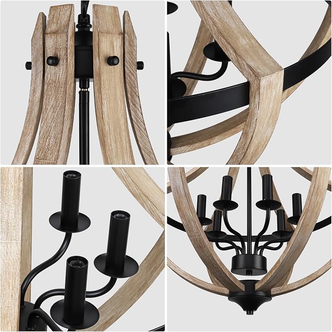 6-Light Large Rustic Farmhouse Dining Room Chandeliers, Adjustable Height Entryway Light Fixture, Hanging Wood Chandelier for Kitchen Island Foyer Stairwell Office