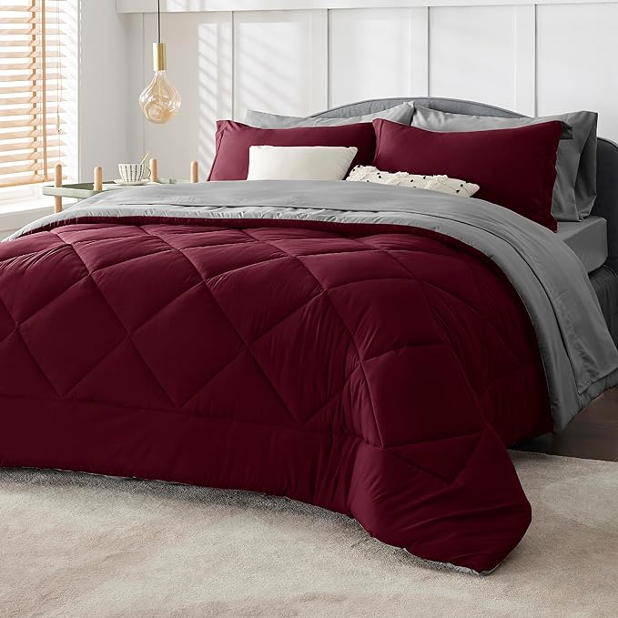 Bedsure Burgundy 7 Piece Reversible Comforter Set - Bed in a Bag with Comforters, Sheets, Pillowcases & Shams