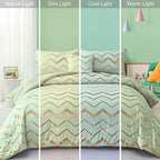 Sage Green/Gold Comforter Set Queen, Metallic Print Glitter Bedding Set Cute Shinny Bed Sets for Teen Girls Kids Women, 4 Piece (2 Pillowcases, 1 Decorative Pillow Sham)