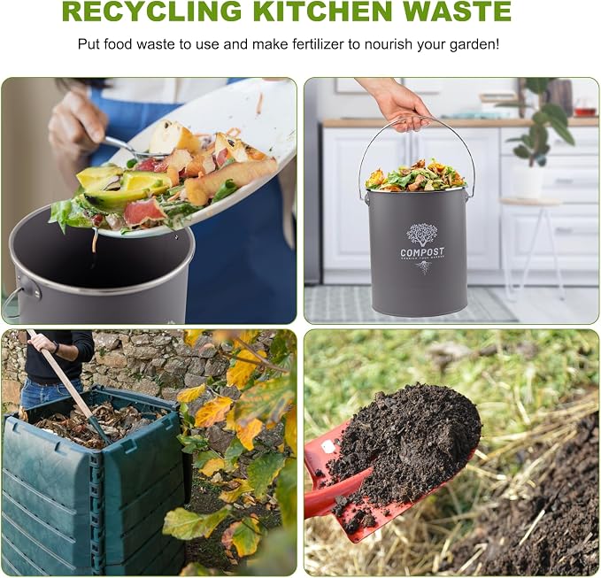 Kitchen Countertop Compost Bin, Odor Resistant Indoor Compost Bin with Lid and Charcoal Filter, Rust Resistant Coated Compost Bucket, Compost Container, Gray