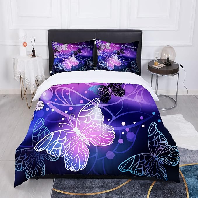Sunnycitron 3D Purple Butterfly Bedding Twin Comforter Set Dreamy Butterfly Comforter Set for Girls and Women, Soft, Breathable, Fade Resistant 3 Piece- includes 1 Comforter and 2 Pillowcase