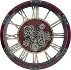 DORBOKER 30" Original Moving Gears Wall Clock, Large Industrial Wall Clock for Living Room Decor, Retro Wood Vintage Farmhouse Steampunk Rustic Clocks for Wall Decor,Cherry Red