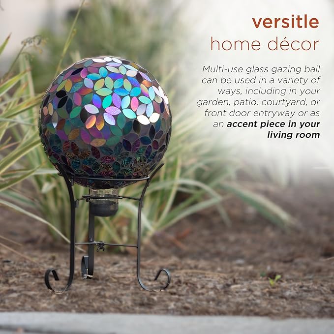 Alpine Corporation 10" Diameter Indoor/Outdoor Glass Mosaic Gazing Globe Yard Decoration, Purple Pearlized Petals Design