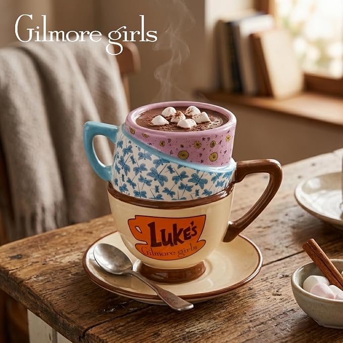 Silver Buffalo Gilmore Girls Stars Hollow Locations, 3D Sculpted Mug, 20oz | Destination, Luke's Diner, Doose's Market and Dragonfly Inn, Ceramic Stacked Teacup, 0.59 Liters