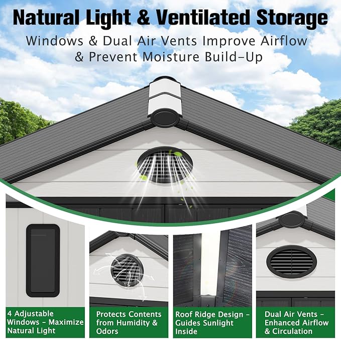 EAGLE PEAK 8x8 Resin Outdoor Storage Shed, Weatherproof Garden Shed with Floor & Lockable Doors, Tool & Equipment Storage for Backyard or Patio, White/Gray