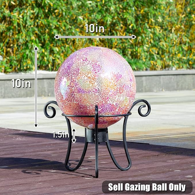 VCUTEKA Gazing Ball, Iridescent Crackled Glass Mosaic Gazing Balls Sphere for Garden Lawn Outdoor Ornament Yard Decorative, 10-Inch, Pink