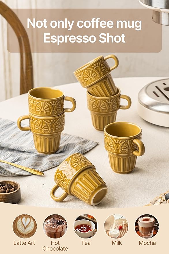 LYEOBOH Ceramic Mugs, 12 OZ Khaki Coffee Mugs Set of 4, Stackable Mug, Microwave & Dishwasher Safe, Stylish Texture Design for Coffee Tea Milk, Ideal for Home Kitchen Party & Festival Gifting