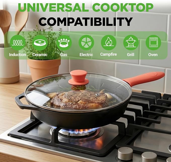 NutriChef 12-Inch Cast Iron Skillet w/Lid - Pre-Seasoned, Oven Safe, Nonstick, Cool-Touch Silicone Handle, For All Cooktops - NCCI12
