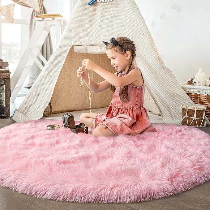 Pink Round Rug for Bedroom, Super Fluffy Circle Rugs for Baby Nursery, 5'X5' Feet Furry Carpet for Children Kids Room, Cute Soft Shaggy Rug for Girls Home Decor, Fuzzy Plush Carpets for Dorm