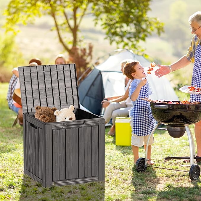 30 Gallon Waterproof Deck Box, Lockable Resin Storage Box for Patio Furniture Cushions Garden Tools and Outdoor Delivery Storage, Coffee