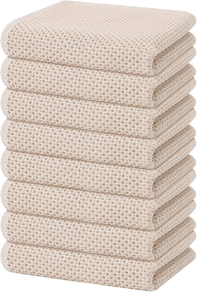 Homaxy 100% Cotton Waffle Weave Kitchen Dish Towels 8-Pack, Beige | 13 x 28 Inches, Ultra Soft Absorbent Dish Towels, Quick Drying Cleaning Towels