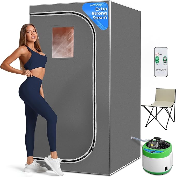 SereneLife Portable Full Size Home Spa| One Person Sauna | with Heating Foot Pad and Portable Chair (Steam Gray)
