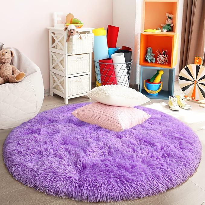 Purple Round Rug for Bedroom, Super Fluffy Circle Rugs for Baby Nursery, 4'X4' Feet Furry Carpet for Children Kids Room, Cute Soft Shaggy Rug for Girls Home Decor, Fuzzy Plush Carpets for Dorm