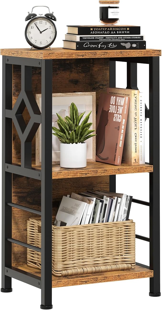 YITAHOME Small Bookshelf, 3 tier Farmhouse Bookshelf with Storage,Short Bookshelf for Small Spaces,Mini Shelf Stand,Open Bookcase for Bedroom Office Bathroom Living Room, Rustic Brown