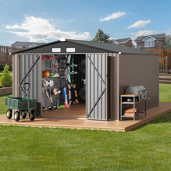 GVDV 10x14 FT Outdoor Metal Storage Shed, Durable Garden Shed with Updated Frame Structure for Backyard, Patio, Tool Storage, All-Weather Shelter for Bike, Gardening Tools, Lawn Mowers