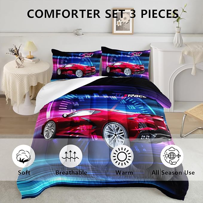 Axolotl Race Car Bedding Set Full Size,Boys Extreme Sports Comforter Set for Kids Boys Car Racing Gifts,Red Cool Car Comforter Car Sports Quilt Set 1 Comforter Set with 2 Pillowcase Car Racing Gifts