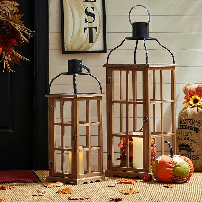 Glitzhome Set of 2 Oversized Farmhouse Wood Lanterns with Metal Top Decorative Hanging Candle Lanterns for Home Décor, Natural (No Glass)