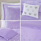Mi Zone Rosalie Comforter Set for Girls, Ultra-Soft Microlight Plush Metallic Printed Hearts Brushed Reverse Overfilled Down Alternative Hypoallergenic All Season, Twin/Twin XL, Purple/Silver, 3 Piece