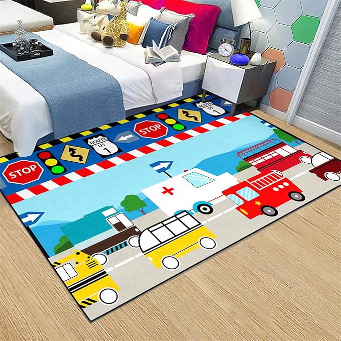 Cartoon Ambulance Car Area Rug Car Carpet for Kids Play Rug for Cars and Trucks Car Rug Play Mat Car Track Rug Truck Rugs for Boys Room Rugs for Boys Bedroom,Light Blue 3'×4'