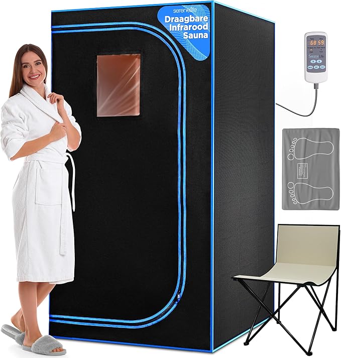 SereneLife Portable Sauna Box for Home, Infrared Sauna Tent with Heated Foot Pad and Folding Chair, Remote Control In-Home Spa, 35" x 71" - inch (Black)