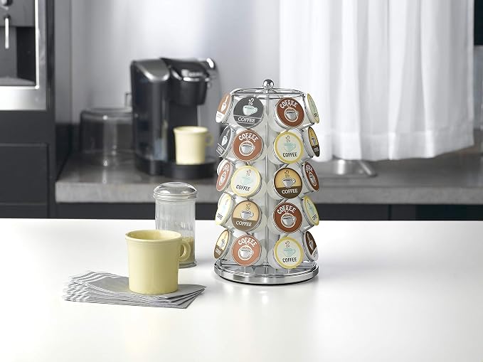 Nifty K Cup Holder – Compatible with K-Cups, Coffee Pod Carousel | 35 K Cup Holder, Spins 360-Degrees, Lazy Susan Platform, Modern Chrome Design, Home or Office Kitchen Counter Organizer