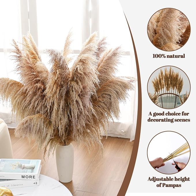 40" inch 11 Stems Natural Pampas Grass Tall Decor,Pompas Grass,Large Brown Tall Pampas Grass for Floor Vase,Wedding Decorations,Party,Boho Home Decor,and Creating a Boho Ambiance