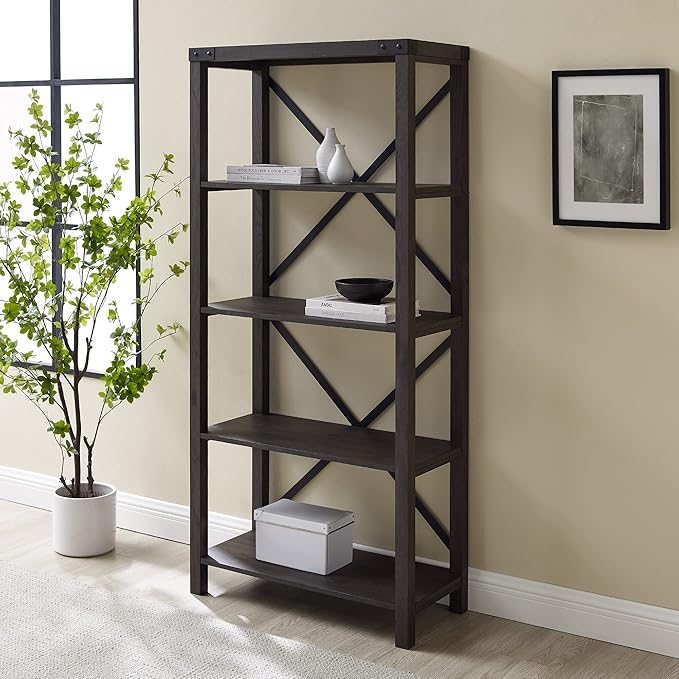 Walker Edison Andersen Urban Industrial Metal X-Back Bookshelf, 64 Inch, Sable Grey
