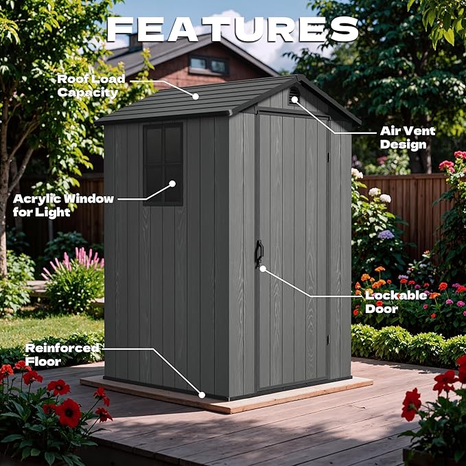 Devoko 4x4 FT Outdoor Shed, Compact & Secure Plastic Resin Storage with Lockable Door, Features Built-in Floor & Window for All-Weather Garden, Patio, and Poolside Organization, Deep Gray