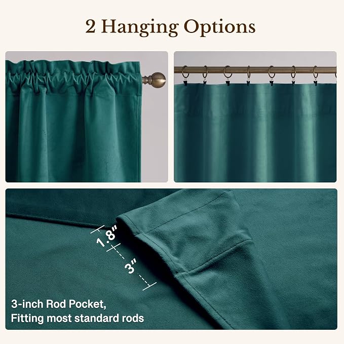 Teal Valance for Windows Scalloped 52x18 Inch 1 Panel | Soft Velvet Wavy Small Kitchen Curtains, Elegant Privacy Shielding Window Treatment for Bathroom, Laundry, RV