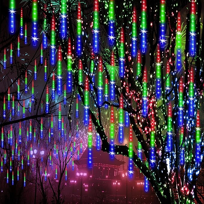 Meteor Shower Lights Outdoor Christmas Lights 24-Tube 576LEDs Snow Falling Rain Cascading Icicle Light for Christmas Tree Decorations Wedding Party Holiday Garden Decor, UL Plug Multi Color