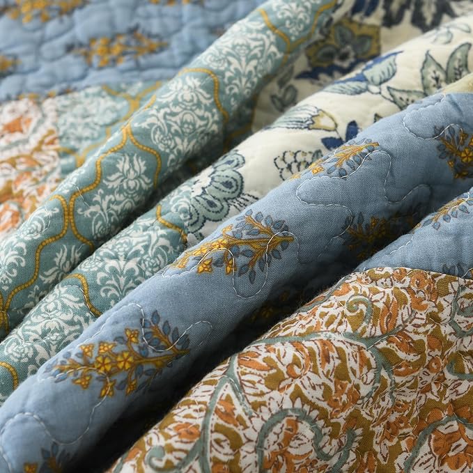 NEWLAKE Quilt Set California King Size, 100% Cotton Patchwork Green Bohemian Quilt Sets, Reversible Bedspread Lightweight and Breathable for All Seasons, Soft Quilted Bedspread with 2 Pillow Shams