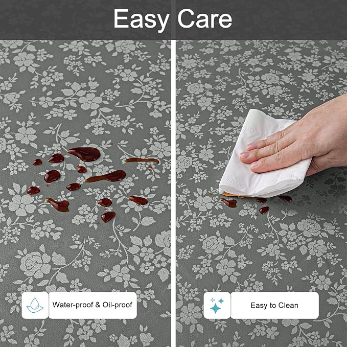 Smiry Rectangle Waterproof Heavy Duty Vinyl Tablecloths, 70 x 120 Inch | Wipeable Washable Floral Embossed Table Cover for Kitchen and Dining Room, Indoor & Outdoor Use, Grey