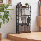Vagusicc 4 Tier Bookshelf with 2 Storage Baskets, Tall Bookcase Shelf Storage Organizer Wood Book Shelf, Modern Shelf Rack Shelves with Steel Frame, Multipurpose Bookshelf for Bedroom Living Room