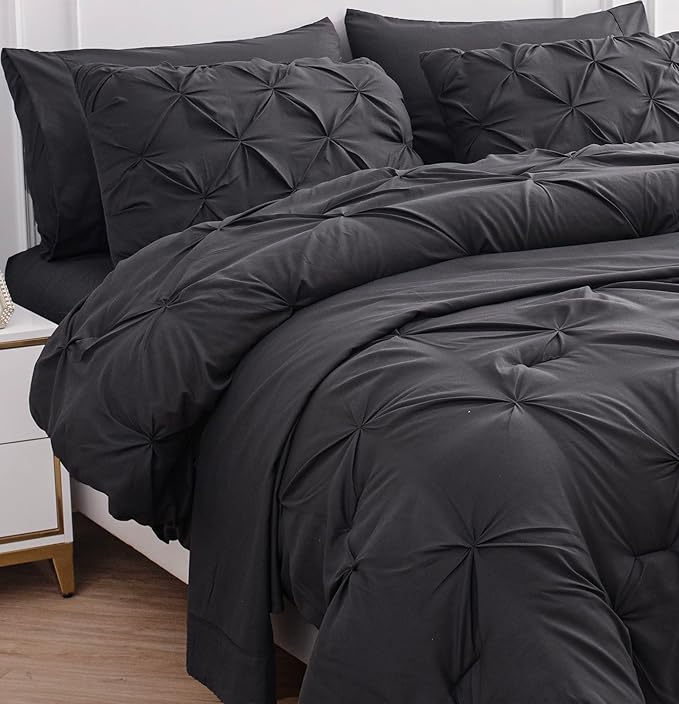LANE LINEN Full Size Comforter Sets, 7 Piece Bed in a Bag Full Size, Soft Full Size Bedding Sets, Pintuck Comforter Sets Full Size, Full Size Bed Comforter Set with Sheets, Pillowcases & Shams - Grey