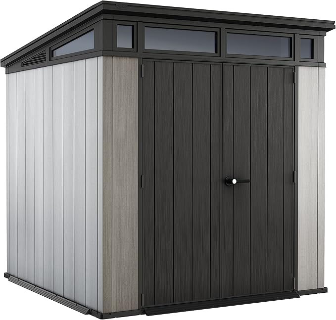 Keter Artisan 7 x 7 Foot Large Modern Design Outdoor Shed with Floor for Outdoor Furniture, Lawn Equipment, Bikes, and Gardening Tools, Gray
