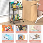 Bookshelf, 4-Tier Metal & Wood Rolling Book Cart on Wheels, Record Cabinet for Book Magazine Turntable, Record Holder Up to 100 Albums, Multifunction Utility Cart, Black