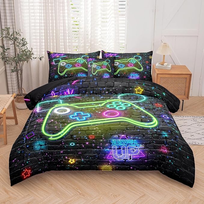 NINENINE Gamer Bedding Sets, 6PCS Full Size Comforter Size for Boys,Gaming Bedding Sets for Boys Bed in A Bag Gamer Comforter Sets(1Comforter,1Flat Sheet,1Fitted Sheet,1Cushion Cover,2Pillowcases)…