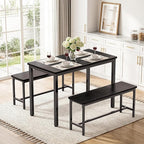 Dining Table Set for 4, Kitchen Table with 2 Benchs, Black | Modern Functional 3 Piece Space-Saving Dining Room Table Set for Apartment, Breakfast Nook, Small Space