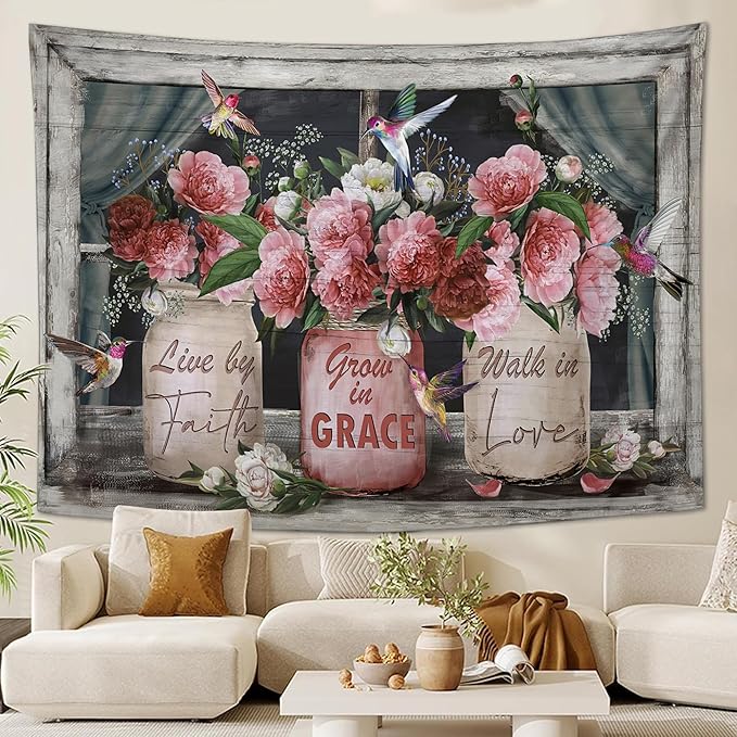 yowecso Farmhouse Rose Tapestry Peony Flower Tapestry Wall Hanging for Bedroom Floral Tapestries Aesthetic Wall Decor for Home Dorm Living Room 50"x60"