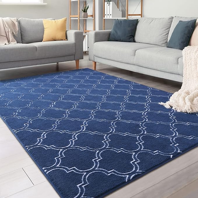 Chicrug Shag Geometric Modern Area Rug for Bedroom, 4x6 Feet Memory Foam Indoor Carpet, Fluffy Rug for Living Room Bedside Room Decor for Family Girls Kids Nursery Play Mat, Navy/White