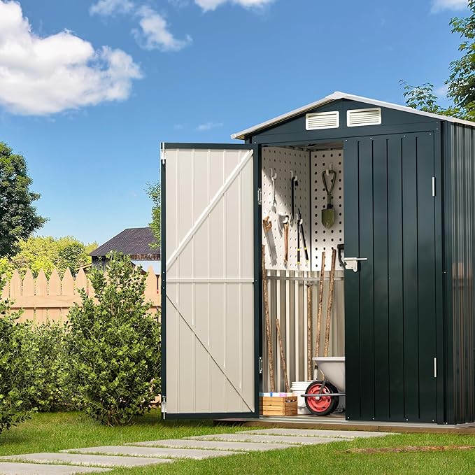 5x3X6.3FT Outdoor Steel Storage Shed with Lockable Doors and Frame Floor, Compact Small Bike Shed, Ideal for Garden, Backyard, Swimming Pool, Patio Utility and Tool Storage