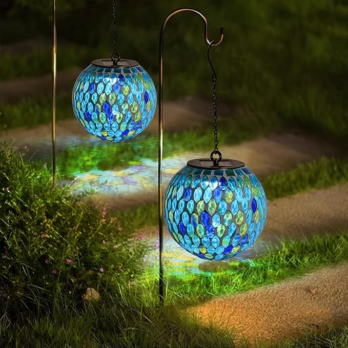 Solar Lanterns Outdoor Waterproof Hanging Solar Mosaic Lantern Outdoor Hanging Lights Waterproof Garden Patio Pathway Yard Décor Green