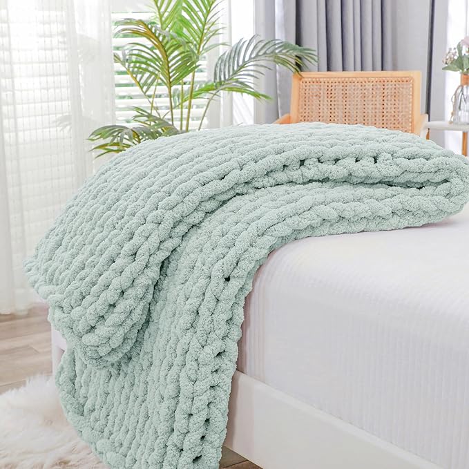Bigacogo Chunky Knit Throw Blanket for Couch, 40x60 inches, 100% Hand Knitted with Thick Jumbo Chenille Yarn, Cozy Soft Large Rope Knot Cable Crochet Blankets for Sofa Bed Living Room, Mint