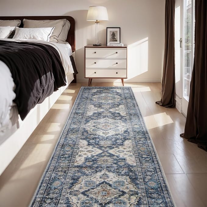 AMOAMI-2X6 Runner Rug-Washable Runners for Hallways-Soft Non Slip Bedside Rugs for Bedroom-Vintage Long Rug for Hallways Entryway Laundry Room Stair Kitchen Bathroom Blue