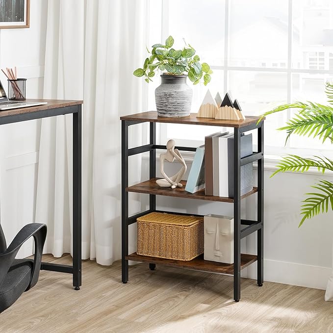 HOOBRO 3 Tier Bookshelf, Industrial Bookcase, Record Storage Rack with Side Fence, Wood Storage Shelf with Metal Frame, Rustic Open Display Shelf for Living Room, Bedroom, Rustic Brown BF86CJ01