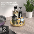 9-Inch Gold Lazy Susan Spice Organizer with Guard Rail | Smooth rotating oak tray with walnut finish for dining tables, kitchen counters, pantries and cabinet storage.