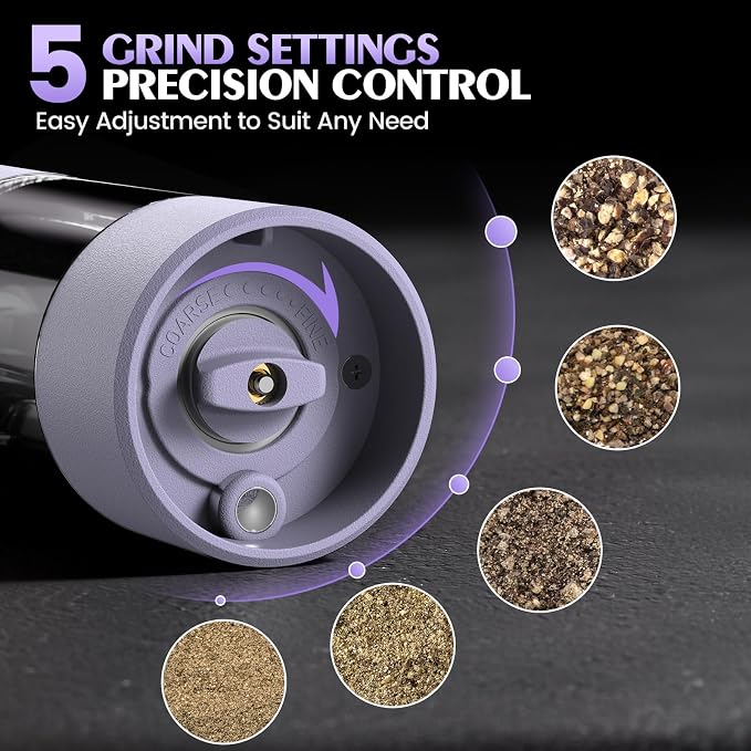 Salt and Pepper Grinder Set Gifts for Women Automatic Battery Purple Pepper Mill Shakers Kitchen Accessories Cooking for Mom, Adjustable Coarseness Salt Pepper Shakers White Elephant Gift
