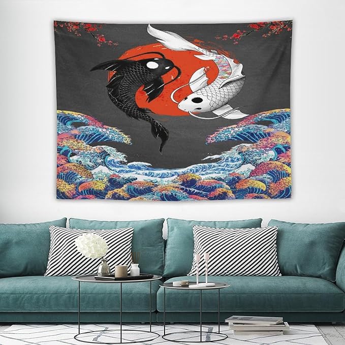 Houselerax Japanese Koi Fish Tapestries, Yin Yang Big Wave Cherry Blossom Tapestry Wall Hanging for Bedroom Living Room Office Decor 80"x60"