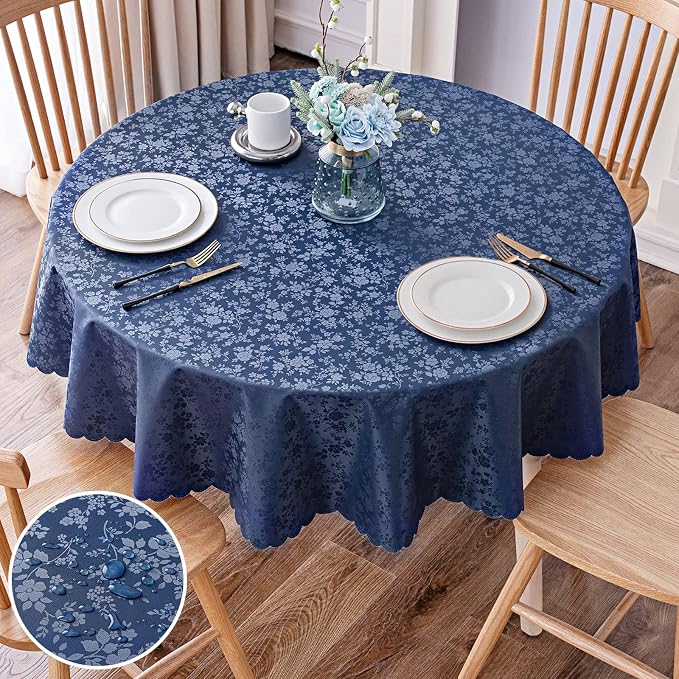 Smiry Round Waterproof Heavy Duty Vinyl Tablecloths, 70 x 70 Inch | Wipeable Washable Floral Embossed Table Cover for Kitchen and Dining Room, Indoor & Outdoor Use, Navy Blue