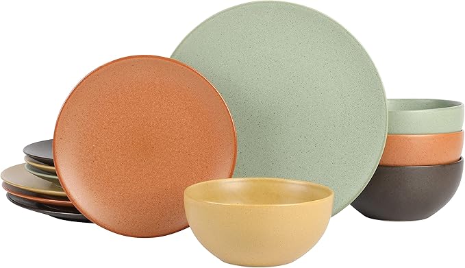 Gibson Elite Capetown Assorted Color Reactive Glaze Round Stoneware Dinnerware, Black, Yellow, Orange, Green, Service for Four (12pcs)